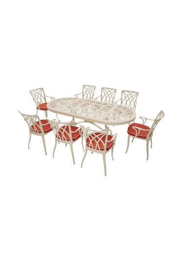 Line 8 Kişilik Döküm Bahçe Masa Takımı Rehome Beyaz