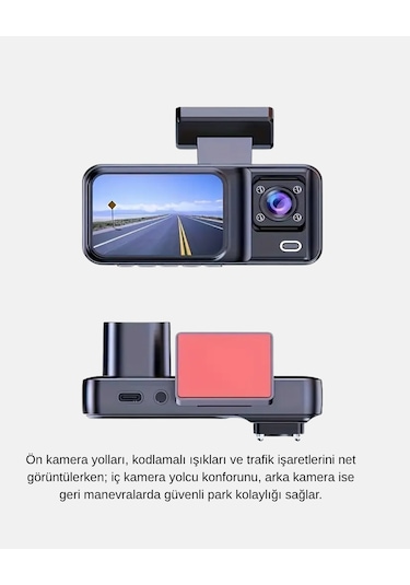 Full Hd Üç Kameralı Araç Kamerası G-sensörlü Ve Gece Görüşlü
