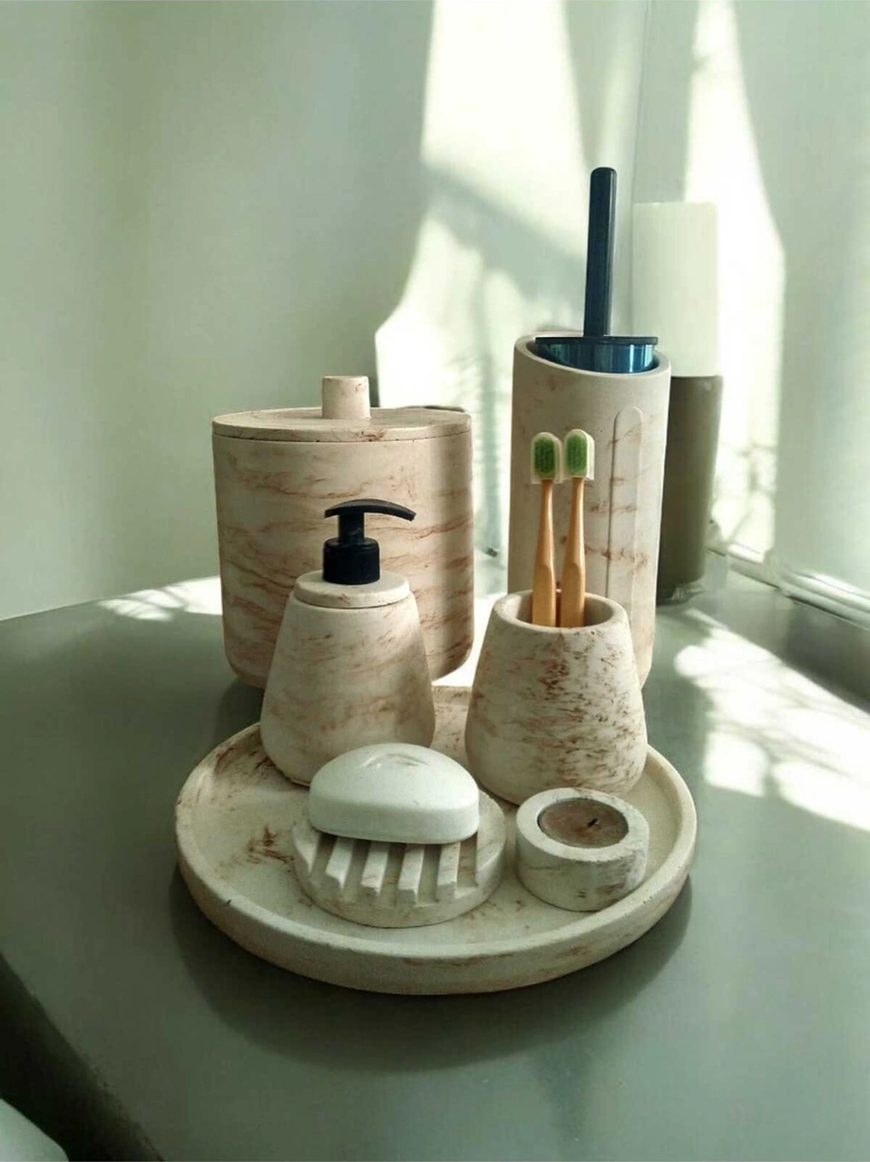 Mermer Desen Bej Beton Banyo Seti,tuvalet Fırçası,çöp Kovası,katı,sıvı Sabunluk,tepsi,mumluk Bej