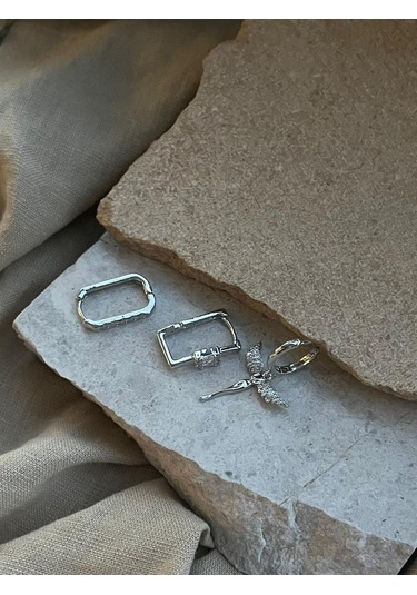 Gümüş Renkli Taşlı Melekli Üçlü Küpe