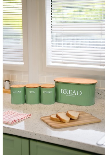 Ahşap Kapaklı Metal Ekmeklik, Çay, Kahve, Şeker 4'lü Set / Yeşil Yeşil