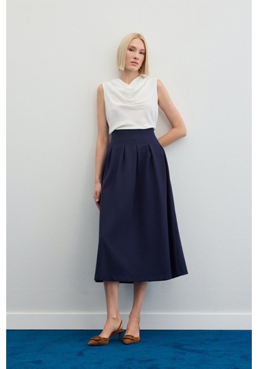 Sateen Pileli Midi Etek - Lacivert-136480 Lacivert