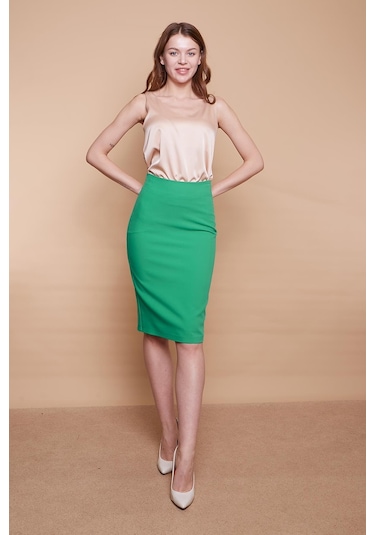 Astarlı Yüksek Bel Diz Altı Hafif Likralı Yırtmaçlı Kumaş Ofis Kalem Etek-b.yeşil - B.yeşili Yeşil