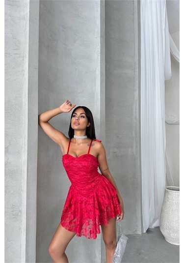 Dip Moda Kadın İçi Şortlu Prenses Mini Elbise Dpnbdf060 Kırmızı