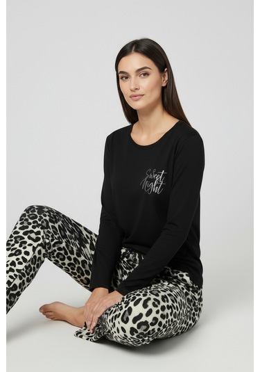 Üstü Yazılı Altı Leopar Desenli Elite Viscose Pijama Takımı Uzun Siyah 3551 Kahverengi