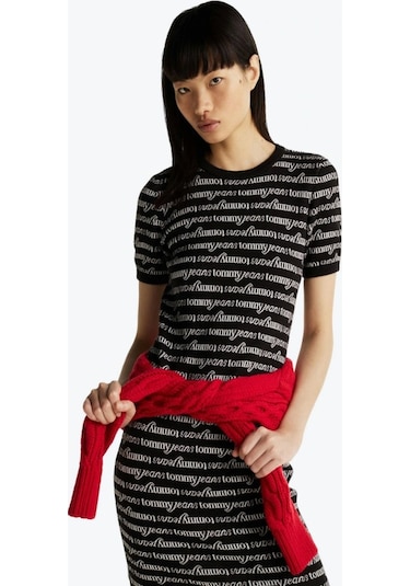 Tommy Hilfiger Kadın Baskılı Mini Kazak Elbise Siyah