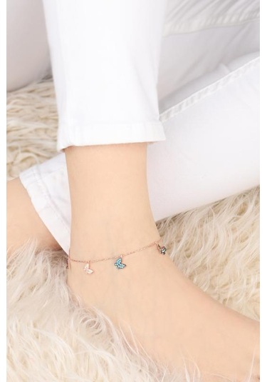 Renkli Taşlı Kelebekli Gümüş Halhal