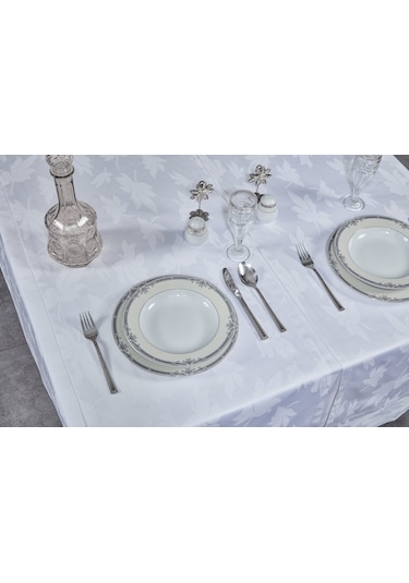 Misiny-Yaprak Desenli Beyaz Masa Örtüsü