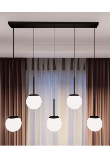 Dora Modern Sıralı Avize - Siyah Metal, Beyaz Cam, 5'li Sarkıt, E 1 Adet