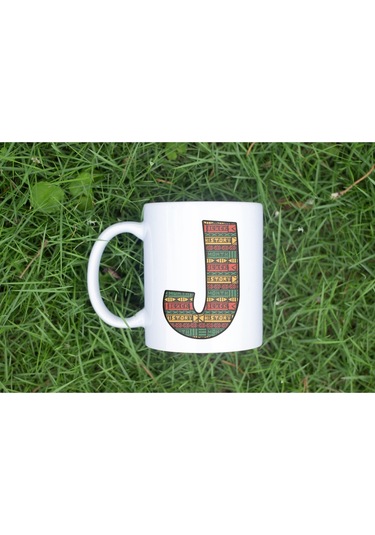 J Harfi Etnik Desenli Kupa - Afrika Tarzı Kahve Çay Kupası - Hediyelik - Black History Beyaz