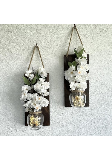 Led Işıklı, Lüx Beyaz Bahardalı Çiçekli Duvar Dekoru Ceviz İkili Set Ceviz