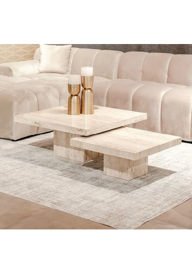 Most Marmoris Mermer Görünümlü %100 Mdf Orta Sehpa Set Traverten