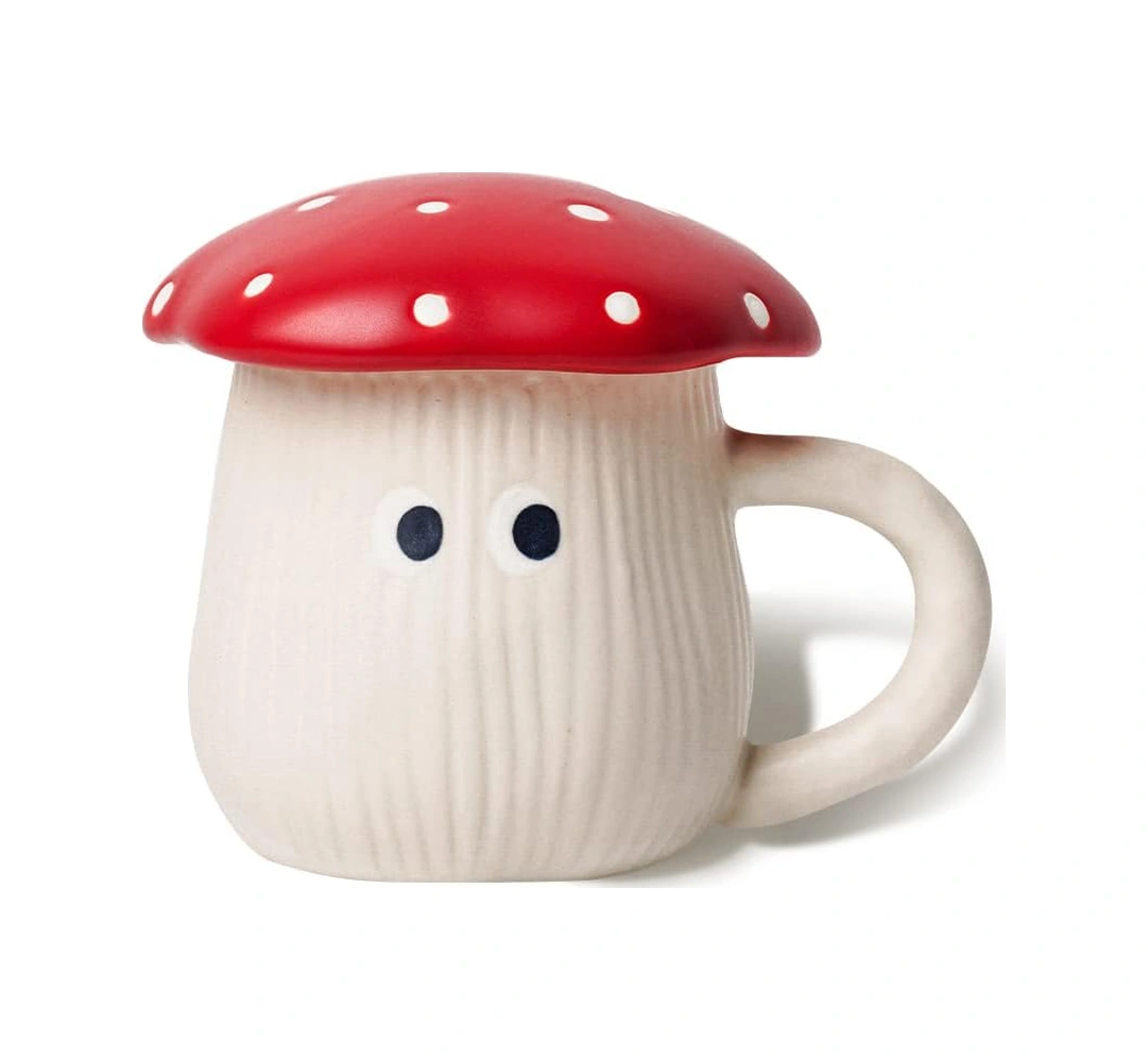 Kapaklı Sevimli Mantar Kupa, El Yapımı Sır Ve Gözler, Güvenli Mat Seramik Süt Kupası, 300 Ml Karikatür Çay Kupası