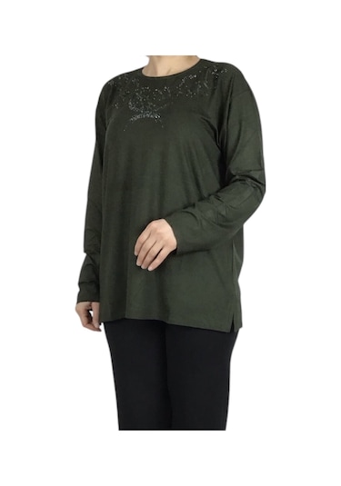 Kadın Yakası Taşlı Likralı Büyük Beden Bluz Arpbattal1 Haki