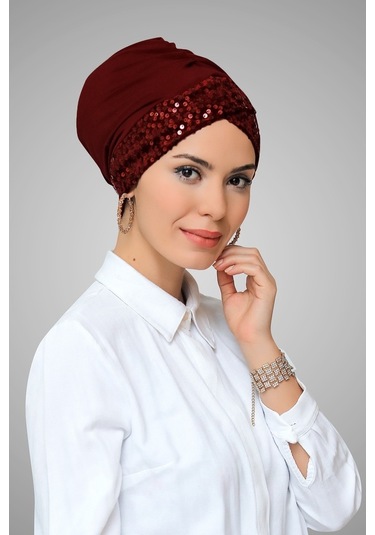 Bordo Pratik Hazır Geçmeli Tesettür Bone Sandy Kumaş Pullu Tek Ça Bordo