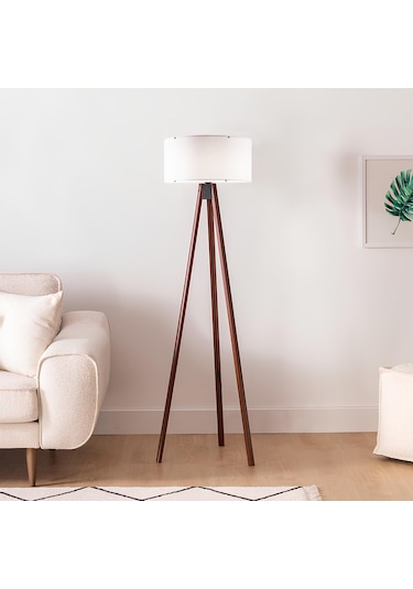 Homing Yuvarlak Kumaş Silindir Başlık Ahşap Üç Ayaklı Lamba Beyaz