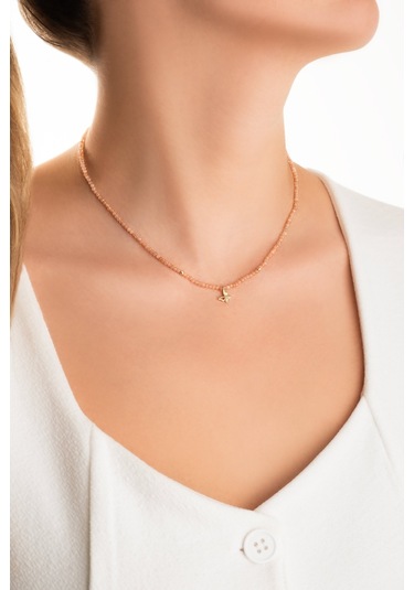 Kelebek Figürlü Güneş Taşlı 14 Ayar Altın Kolye Beyaz - Sarı