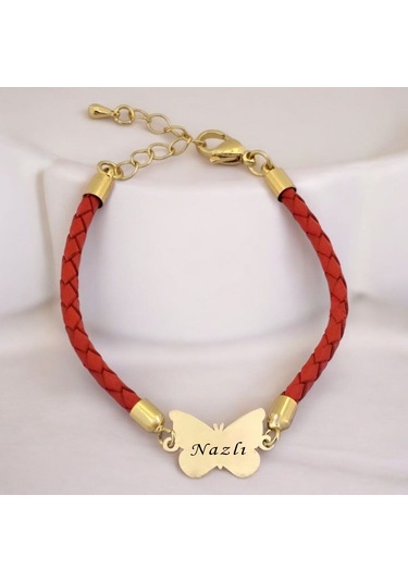Nazlı İsmine Özel 14 Ayar Altın Plakalı Turuncu Derili Kelebek Motifli Hediye Bileklik-502isim Nazlı