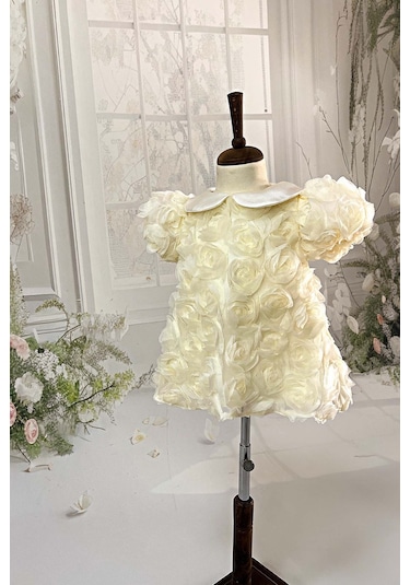 Güllü Kız Çocuk Bebek Bebe Yaka Ekru Abiye Mevlüt Elbise 001