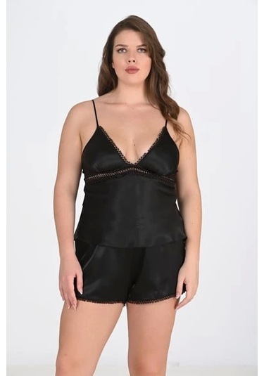 Primoda Siyah Büyük Beden Dantel Detaylı Şort Takımı Siyah