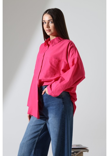 Yeni Sezon Poplin Kumaş Çift Cepli Oversize Pamuklu Kadın Tunik Gömlek Fuşya