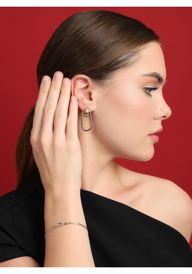 Bitone Oval 14 Ayar Altın Küpe 3.5 Cm T14439 Renkli