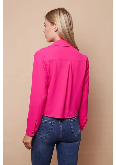 Kadın Likrasız Şık Kumaş Yakalı Uzun Kol Kısa Gömlek-Fujya Fujya