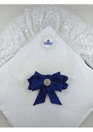 Dantelli Taçlı Bebek Kundağı Unisex Bebek Dış Kundak Battaniyesi Hastane Çıkışı Mevlütlük Kundak Lacivert