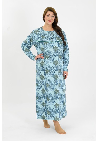 Akbeniz Kadın Büyük Beden Uzun Kol Mavi Anne Gecelik 1378 Mavi