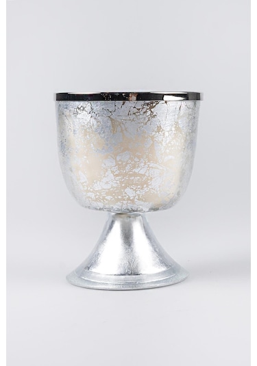 Gümüş Varak Eskitme Ayaklı Cam Mumluk Kokusuz Mum Yazı Kapaklı Orta 12x15 Cm