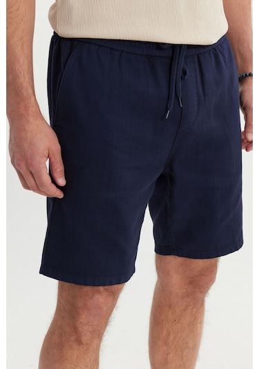 Erkek Lacı %100 Pamuk Comfort Fit Beli Bağlamalı Flamlı Yan Cep Şort Lacı Lacivert