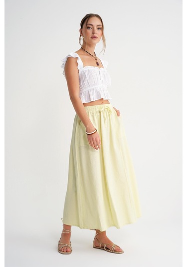 4633 Kadın Yandan Cepli Parçalı Etek Sarı Sarı