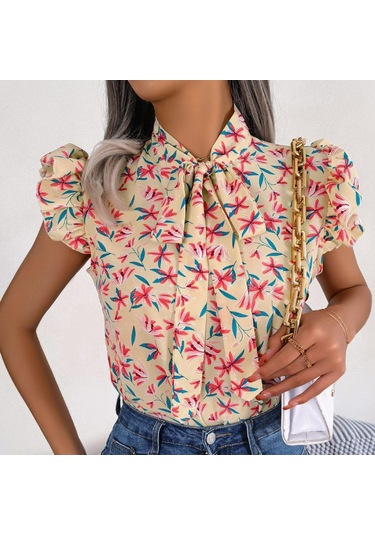 Gmxıa Kadın Modası Rahat Yaz Çiçek Desenli Kolsuz V Yaka Bluzlar Ve Ahşap Kulak Kenarlı Fiyonklu Şifon Gömlekler Kayısı Açık Bej