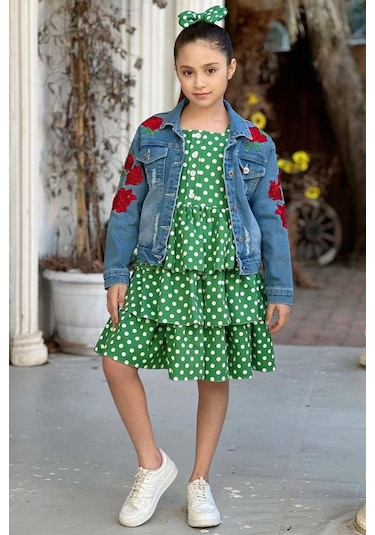 Riccotarz Kız Çocuk Çiçek Baskılı Kot Ceket Puantiyeli Kat Kat Piliseli Yeşil Elbise 001