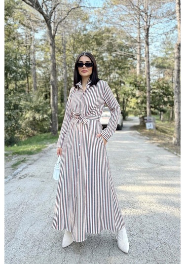Kadın Kiremit & Ekru Çizgili Uzun Kol, Rahat Beli Kemerli, Cepli, Keten, Maksi Gömlek Elbise Kiremit