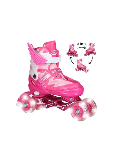 Pembe Melek Kanatlı Işıklı Paten Kız Çocuk Pateni Silikon 4 Teker Pembe