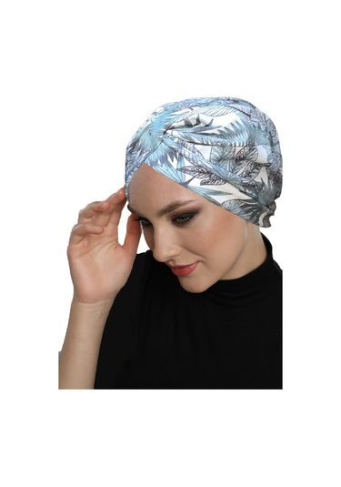 Desenli Çapraz Penye Krem-yeşil Yaprak Desenli Hazır Türban Tesettür Havuz Bonesi Krem - Yeşil