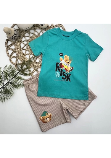 1-2-3 Yaş Kaykaycı Ayı Baskılı Şortlu Kısa Kollu Tişört 2li Erkek Bebek Takımı Turkuaz Turkuaz