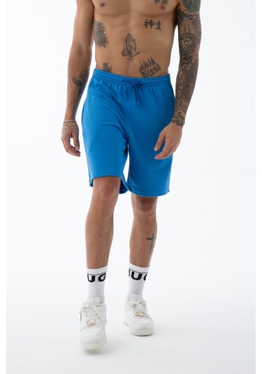 Erkek Mavi Yüksek Kalite Relax-fit Rahat Kesim %100 Pamuk Bağcıklı Siyah Düz Basic Şort Mavi