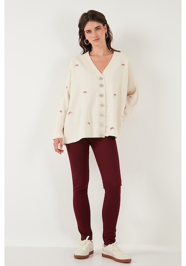 Lela Oversize Fit Desenli V Yaka Triko Bayan Hırka 4616193 Krem-Kırmızı