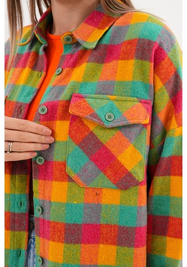 Kadın Desen Bloklu Oduncu Oversize Bol Ve Geniş Kalıp Casual Cepli Yakalı Ceket Gömlek Sarı