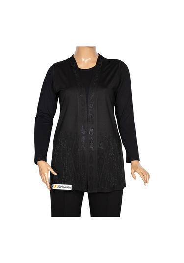 Hesna Kadın Seren Büyük Beden Taş Detaylı Penye Siyah Yelek Siyah