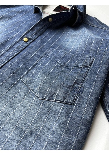 Slim Fit Saf Pamuk Denim Kumaş Kot Gömlek--laci Çizki Eskitme- Renkli