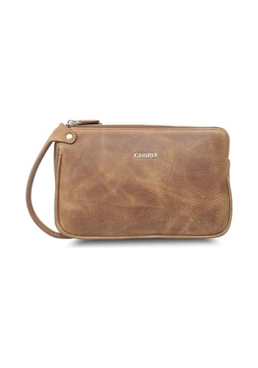 Guard Antik Taba Unisex Çift Fermuarlı El Çantası Hakiki Deri