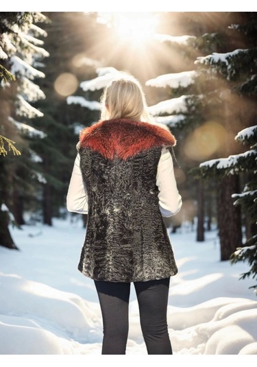 Kadın Kolsuz Hakiki Kürk - Siyah Bordo