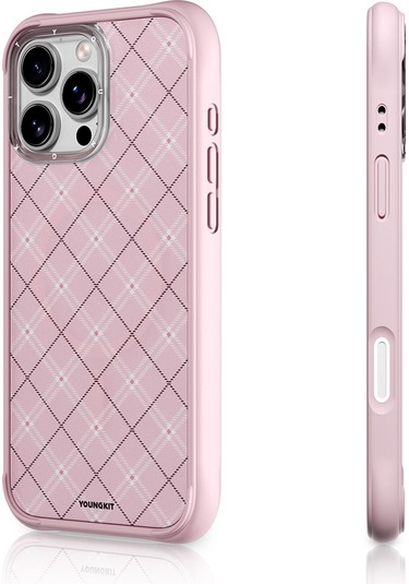 İphone 16 Pro Uyumlu Kılıf M-safe Şarj Özellikli Youngkit Argyle Serisi Kapak Pembe