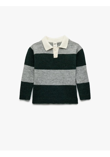 Koton Uzun Kollu Renk Bloklu Düğmeli Polo Yaka Triko Kazak Gri Çizgili 6wmb90002tt Gri Çizgili