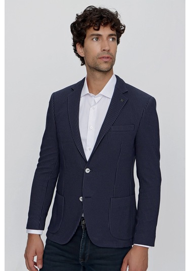 Morven Erkek Örme Çizgili Slim Fit Torba Cep Ceket 2009 Lacivert