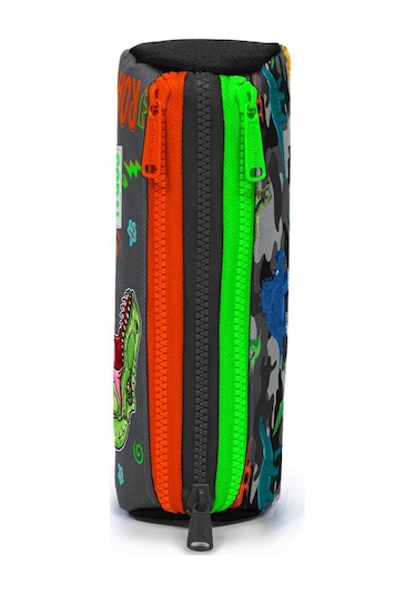 Coral High Kids Siyah Gri Dinozor Desenli Üç Bölmeli Kalem Çantası 22044