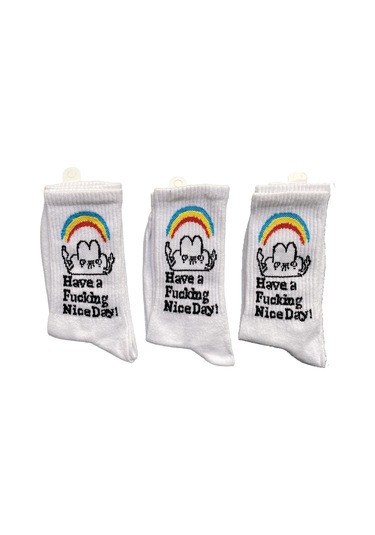 Lukitus Unisex Eğlenceli Yazı Desenli Soket Çorap 6 Adet Beyaz